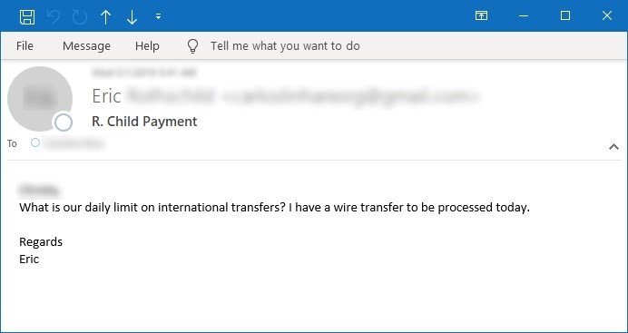 Figura 8. Amostra de email perguntando sobre transferências internacionais