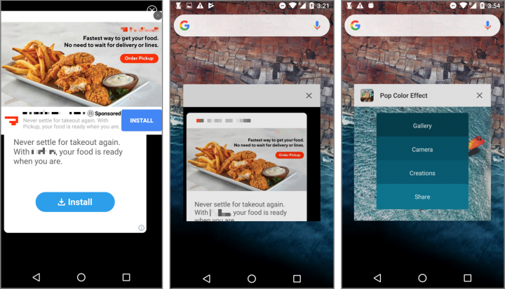 Figure 7. Hidden app malware displays advertisement in full screen (left). No app title can be seen when the advertisement is minimized in the App Switcher view (center), as compared to when an app title is displayed to allow app identification (right).