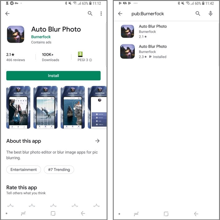 Figure 8. Two similar apps published by Burnerfock, one malicious and one clean. The clean sample (left) was ranked by Google as #7 in the Top Trending Apps category.