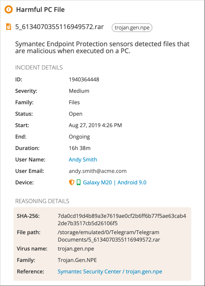 Forensic details from SEP Mobile’s detection of a harmful PC file on an Android device. Names have been changed to protect our customers’ privacy.