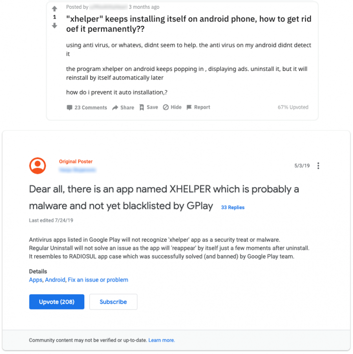 Figure 1. Users complain on forums about Xhelper (Top: Google, Bottom: Reddit)