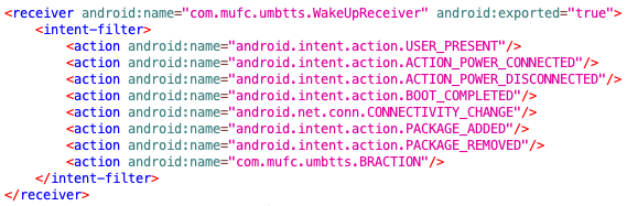 Figure 3. Xhelper’s manifest code showing the events that will trigger the malware