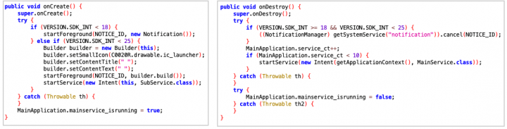 Figure 4. Xhelper registers itself as a foreground service and restarts the service if it is stopped