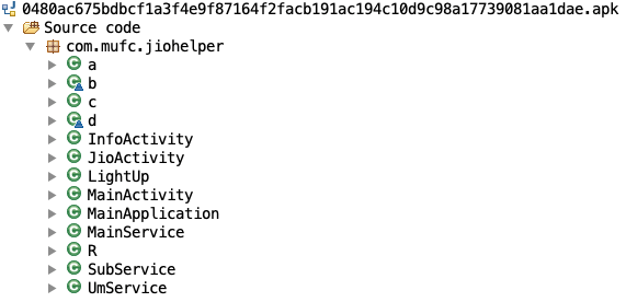 Figure 7. Classes and packages in Xhelper source code mention Jio