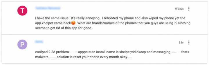 Figure 8. Users complaining about being unable to permanently uninstall Xhelper