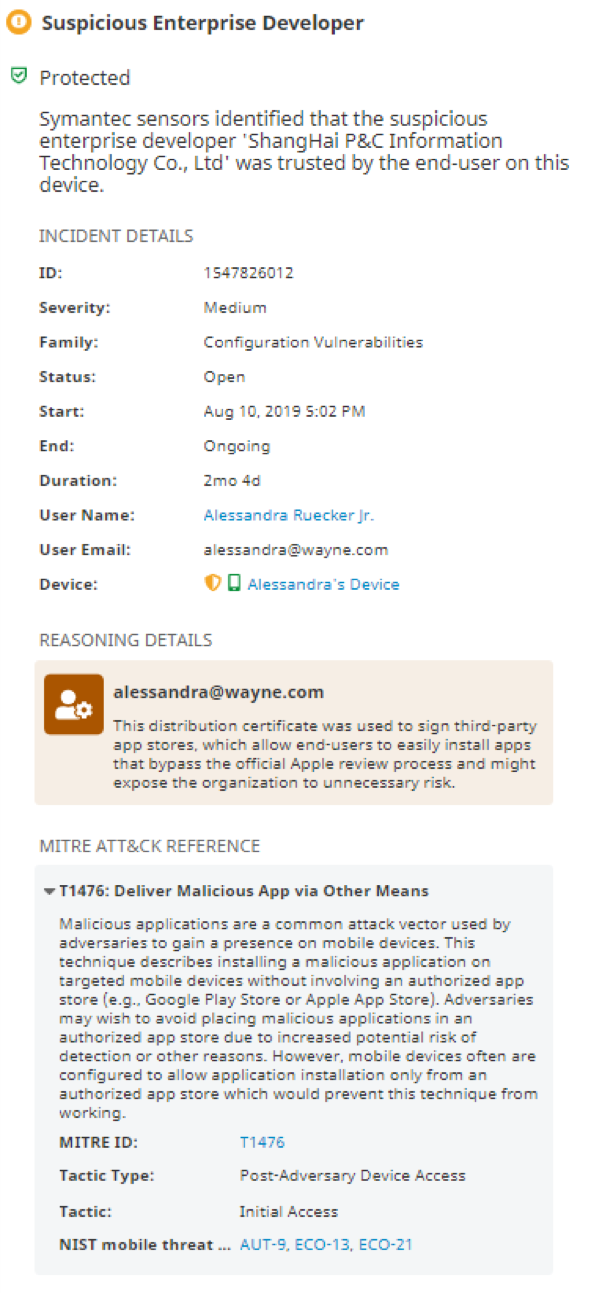 Security incident in the Integrated Cyber Defense management (ICDm) console showing the detection of a “Suspicious Enterprise Developer” trusted by an iOS user.