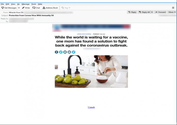 Figure 11. Snowshoe spam offering COVID-19 “immunity oil”