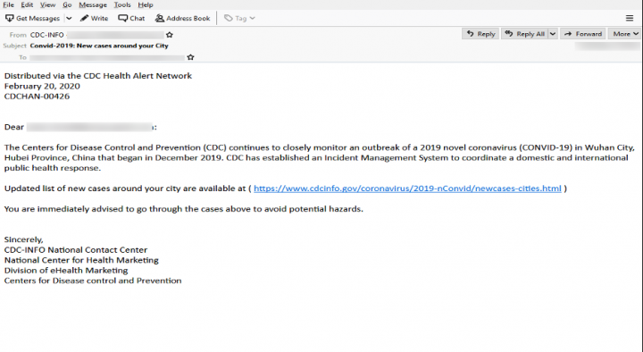 Figure 5. Phishing email purporting to come from the U.S. Centers for Disease Control and Prevention (CDC)