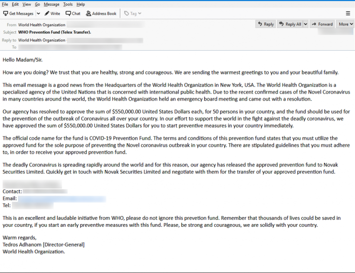 Figure 8. Scam email pretending to come from the World Health Organization (WHO)