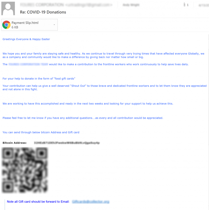 Figure 10. Spam email leveraging Bitcoin wallet and QR code for fund donations