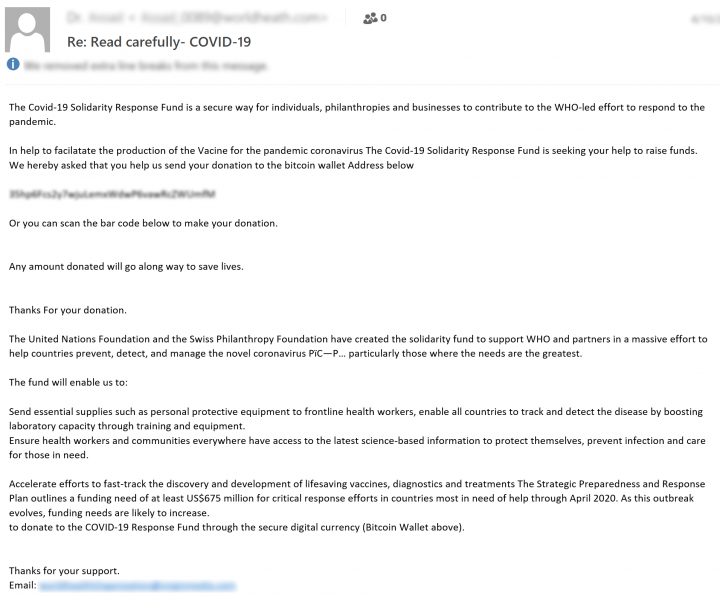 Figure 11. Spam email leveraging Bitcoin wallet to donate funds for production of Covid-19 vaccine