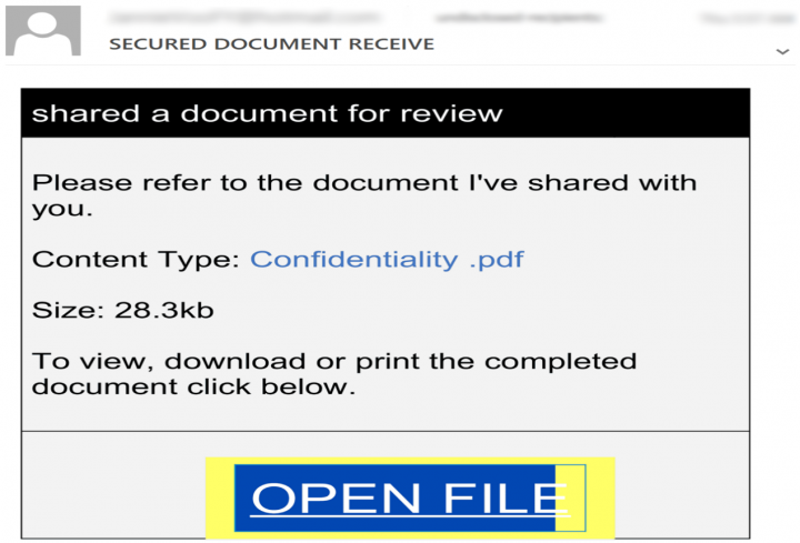 Figure 2. Phishing email disguised as a notification message regarding a confidential document