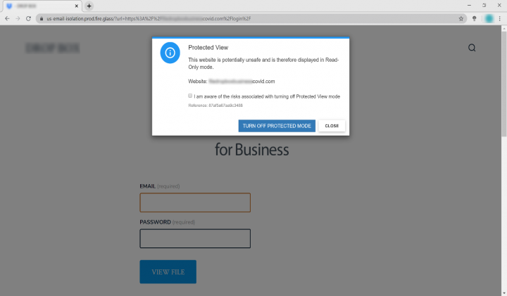 Figure 3. Symantec’s Email Threat Isolation (ETI) warns the user about the phishing web page and enables a protected view with read-only mode