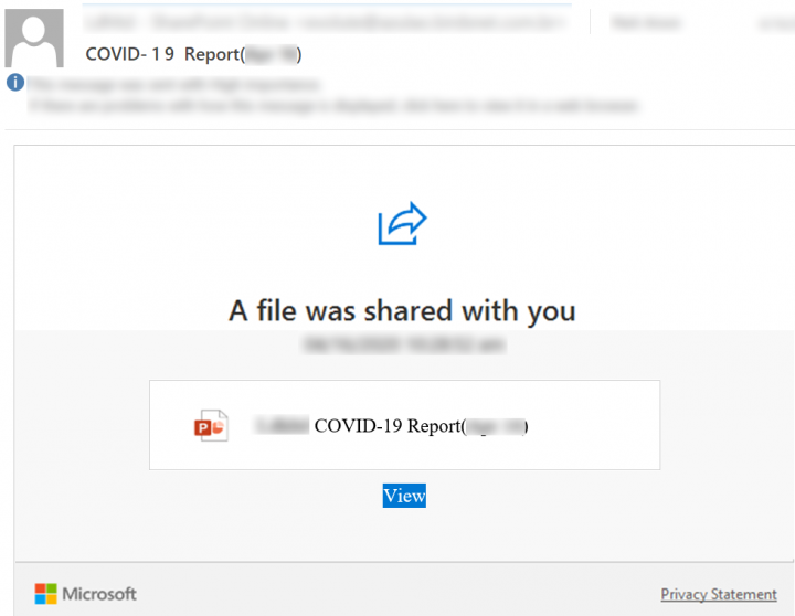 Figure 4. Phishing email disguised as a COVID-19 funding report notification