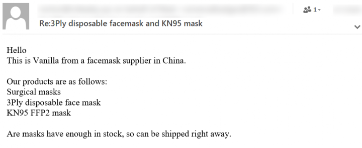 Figure 6. Spam email supposedly from a supplier in China offering different types of face masks