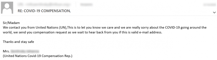 Figure 8. Spam email supposedly from the United Nations requesting validation of an email address before compensation can be made