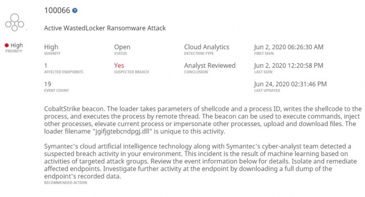 Figure 1. Example of Targeted Attack Cloud Analytics alert received by Symantec Endpoint Detection and Response (EDR) customers, warning them of early stage WastedLocker activity on their networks