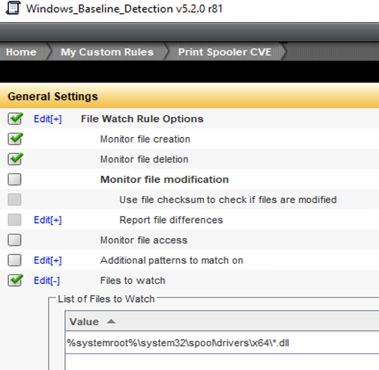 Fig 2: Custom DCS Filewatch Detection rule for PrintNightmare