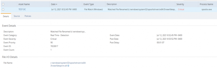Fig 3: DCS Filewatch Detection real time event for PrintNightmare