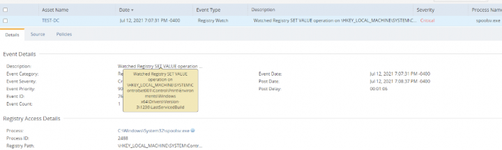 Fig 5: DCS Registry Watch Detection event for PrintNightmare