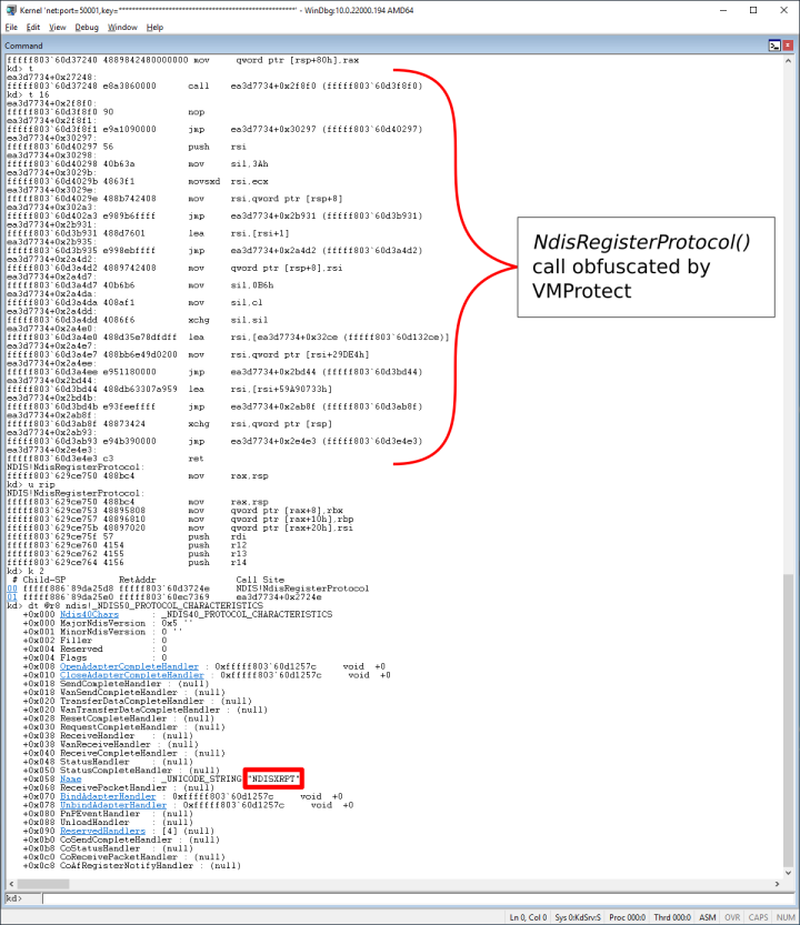 Figure 1. Hardcoded name and obfuscated NdisRegisterProtocol() call. 