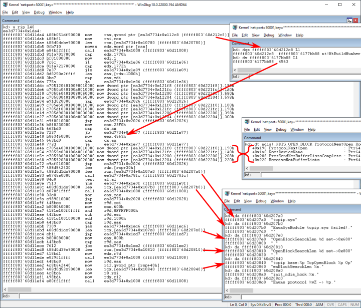 Figure 2: Daxin checks NtBuildNumber against a set of hardcoded values for which NDIS_OPEN_BLOCK offsets are explicitly given. 