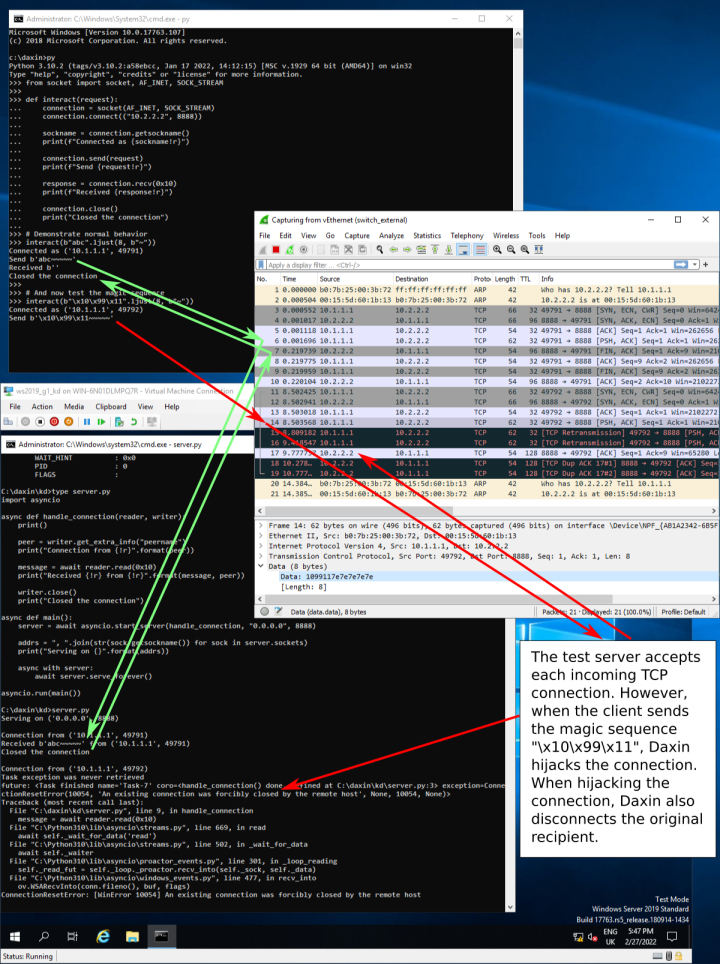 Figure 4. The ReceiveNetBufferLists hook checks the data section of certain TCP packets for a predefined “magic” pattern before hijacking the connection. 