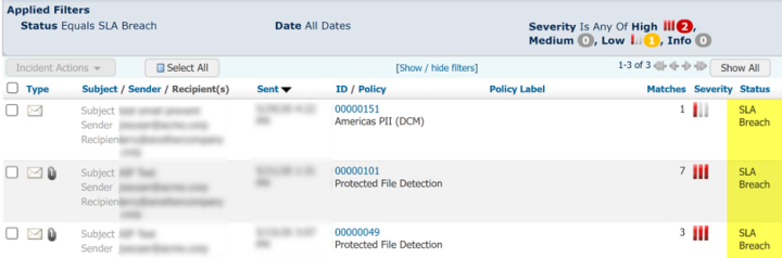 Figure 2: Incidents marked with the SLA Breach Status