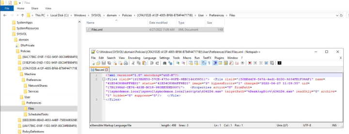 Figure 3.Group Policy XML file used to copy LockBit from the shared SYSVOL location to client’s desktop location.