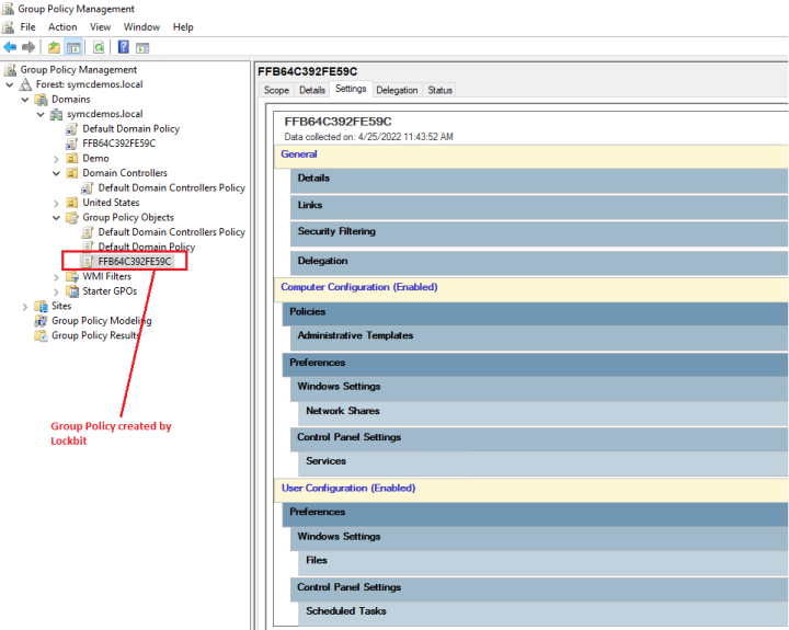 Figure 4. Group Policy created by LockBit can be seen in the Group Policy Management console.
