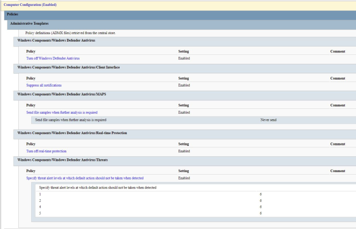 Figure 5. Group Policy details to disable Defender and several additional options.