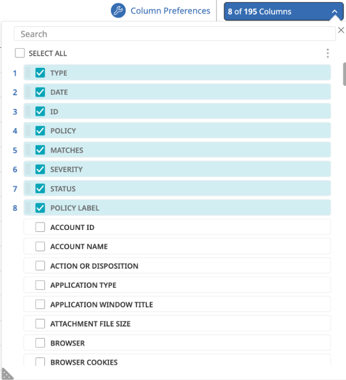 Figure 2: Example of the customized column view - you choose what to display - and the order - in your report