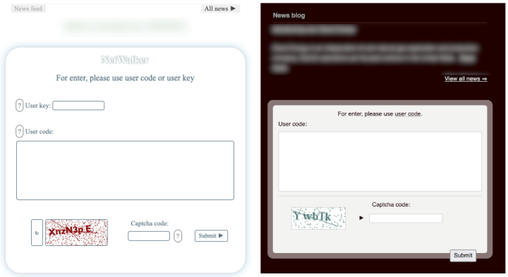 Figure 1. Payment portals for NetWalker (left) and Alpha (right). Both contain the same message: “For enter, please use user code”.
