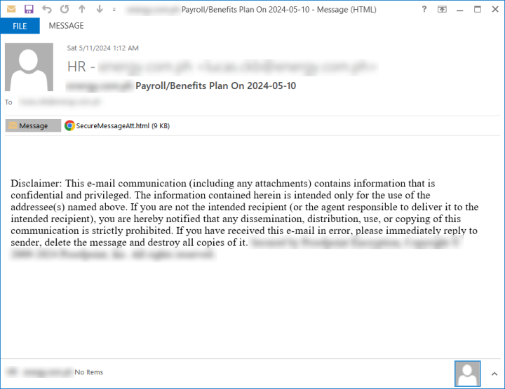 Figure 4. Phishing email mimicking HR notification