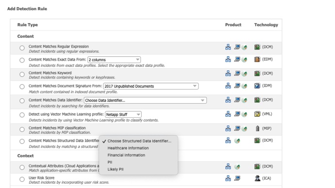 Figure 1: Detection Rule for “Content Matches Structured Data Identifier” and its drop down options. 